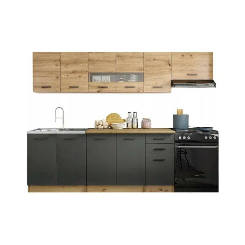 Gri ve Meşe MDF 10 Kapaklı 3 Çekmeceli Modern Mutfak Modeli - 260 cm - 186616