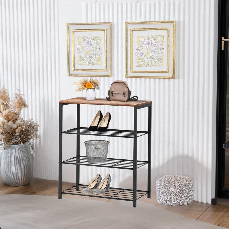 Gri ve Meşe Metal ve Ahşap 4 Raflı Ayakkabılık - 67x60x25 cm - 227023