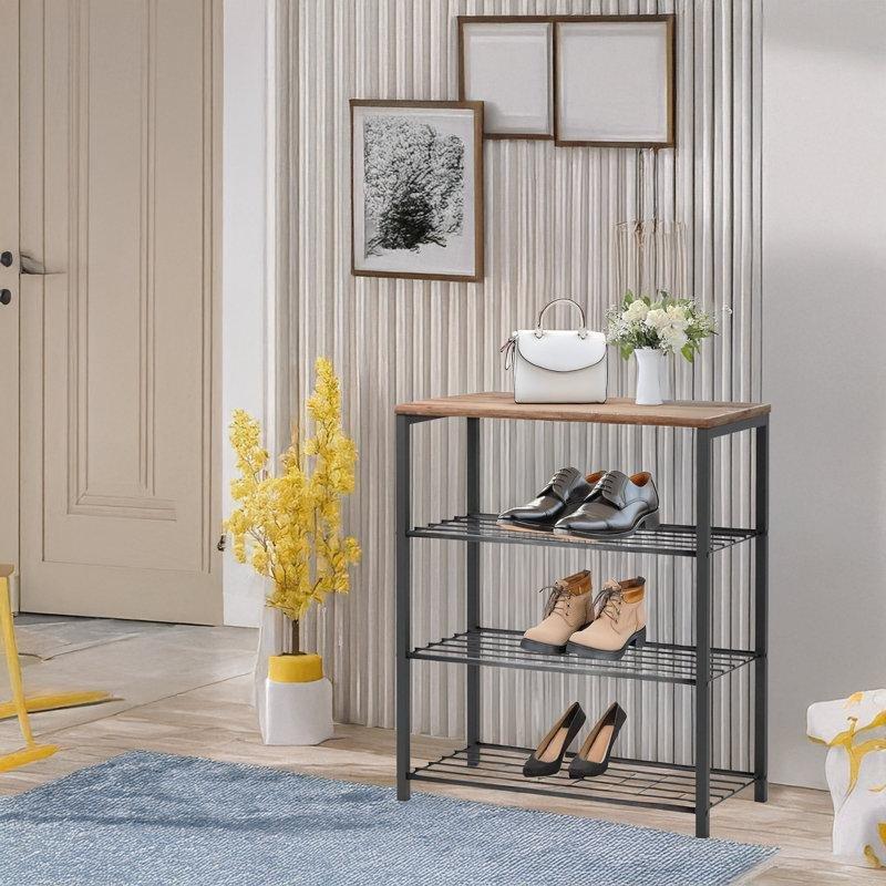 Gri ve Meşe Metal ve Ahşap 4 Raflı Ayakkabılık - 67x60x25 cm - 227023