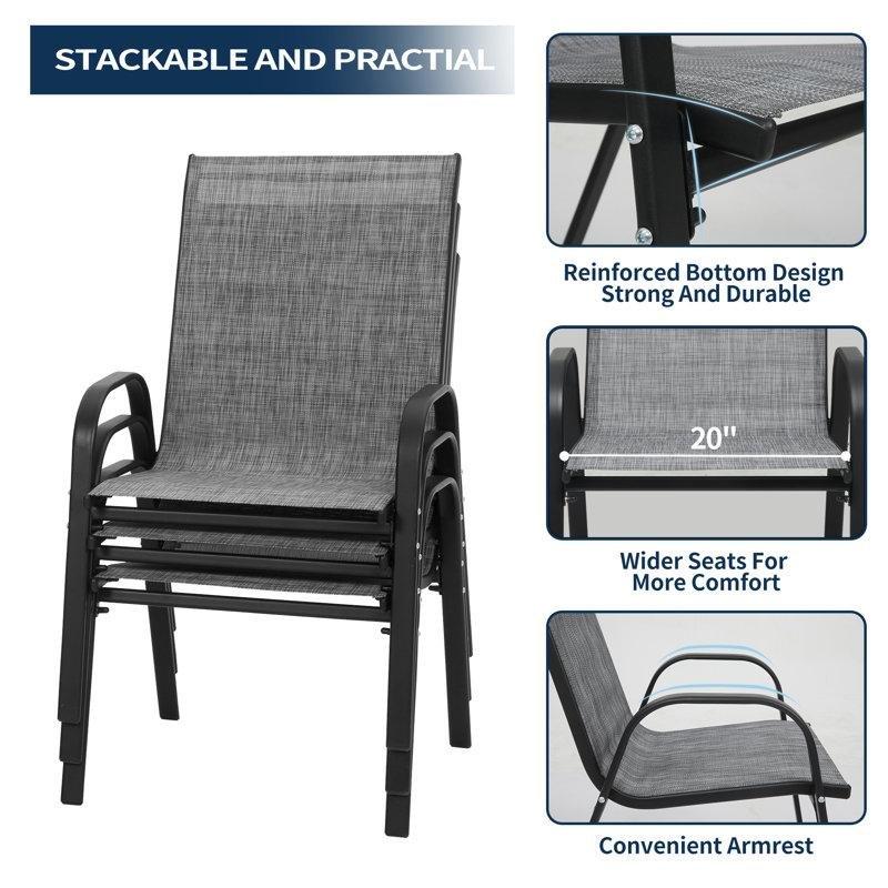 Gri ve Siyah Çelik İstiflenebilir Ergonomik Kollu Bahçe Sandalyesi - 4lü Set - 173478