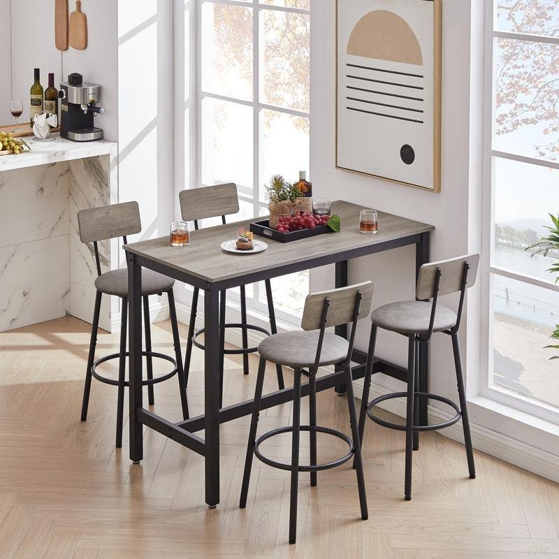 Gri ve Siyah Döşemeli 4 Sandalyeli Metal ve MDF Bar Masası Takımı - 120x60 cm - 231814