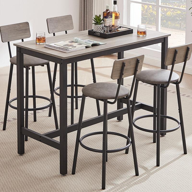 Gri ve Siyah Döşemeli 4 Sandalyeli Metal ve MDF Bar Masası Takımı - 120x60 cm - 231814