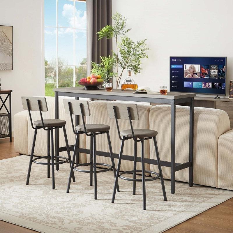 Gri ve Siyah Metal 3 PU Deri Döşemeli Tabureli Ahşap Bar Masası Seti - 161 cm - 231877
