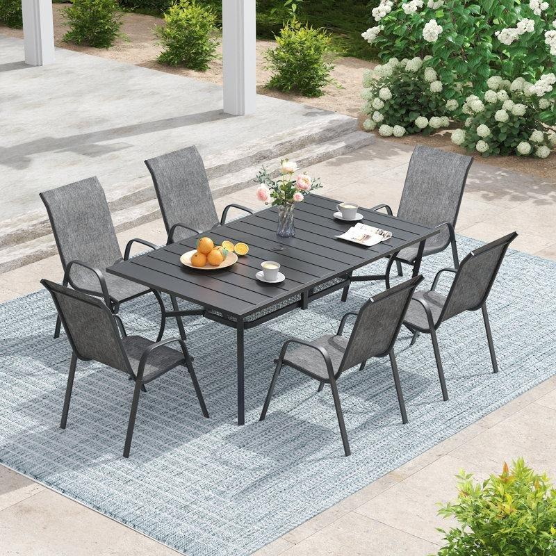 Gri ve Siyah Metal İstiflenebilir Sandalyeli ve Raflı 6 Kişilik Bahçe Masa Takımı - 213669
