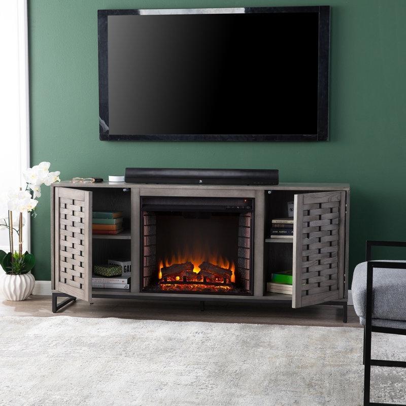 Gri ve Siyah Sepet Örgüsü Dokulu Şömineli TV Ünitesi - 148 cm - 220006