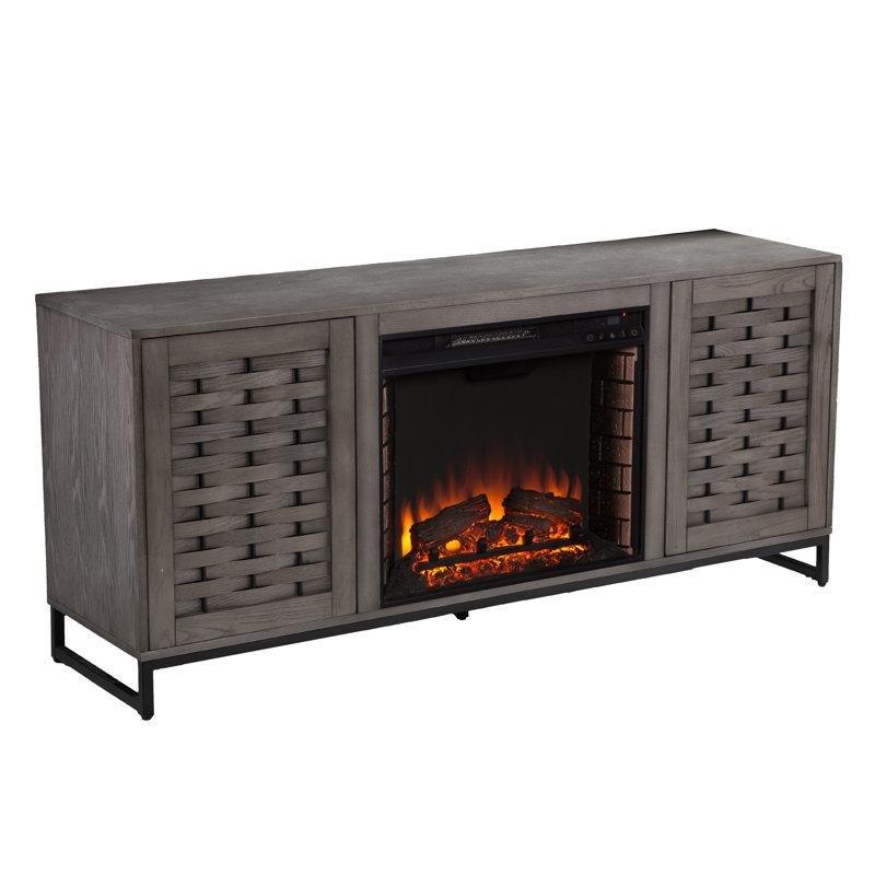 Gri ve Siyah Sepet Örgüsü Dokulu Şömineli TV Ünitesi - 148 cm - 220006