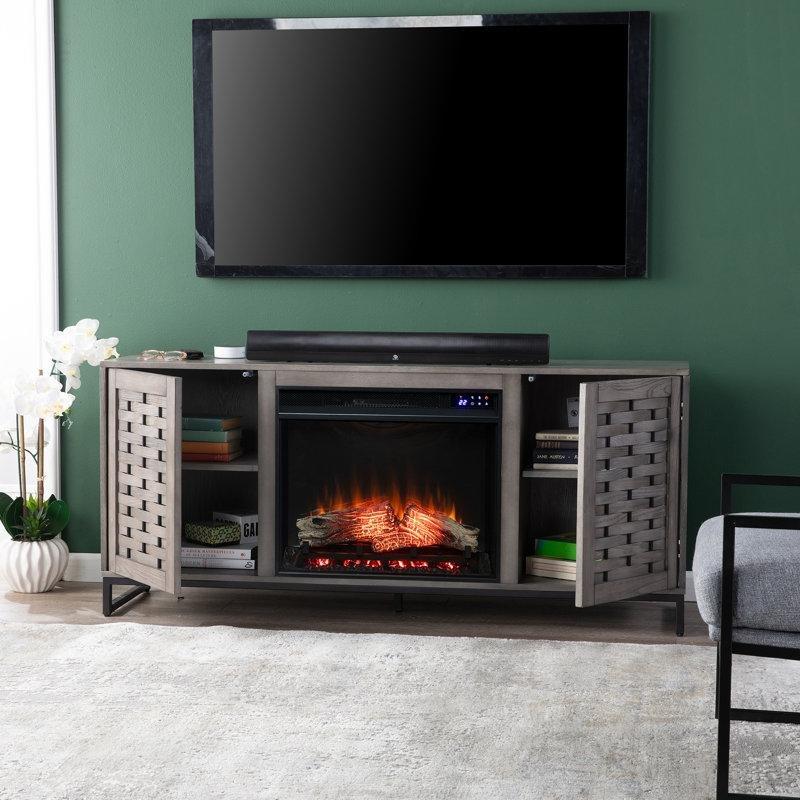 Gri ve Siyah Sepet Örgüsü Dokulu Şömineli Tv Ünitesi - 148 cm - 220961