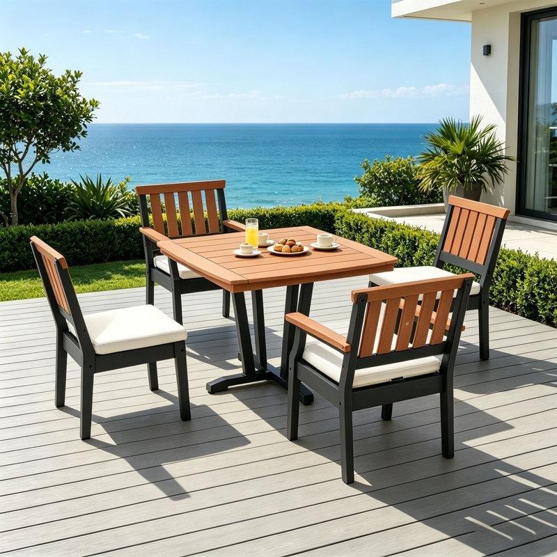 Gri ve Tik Rengi HDPE Minderli 4 Kişilik Kare Bahçe Masa Takımı - 106x106 cm - 215983