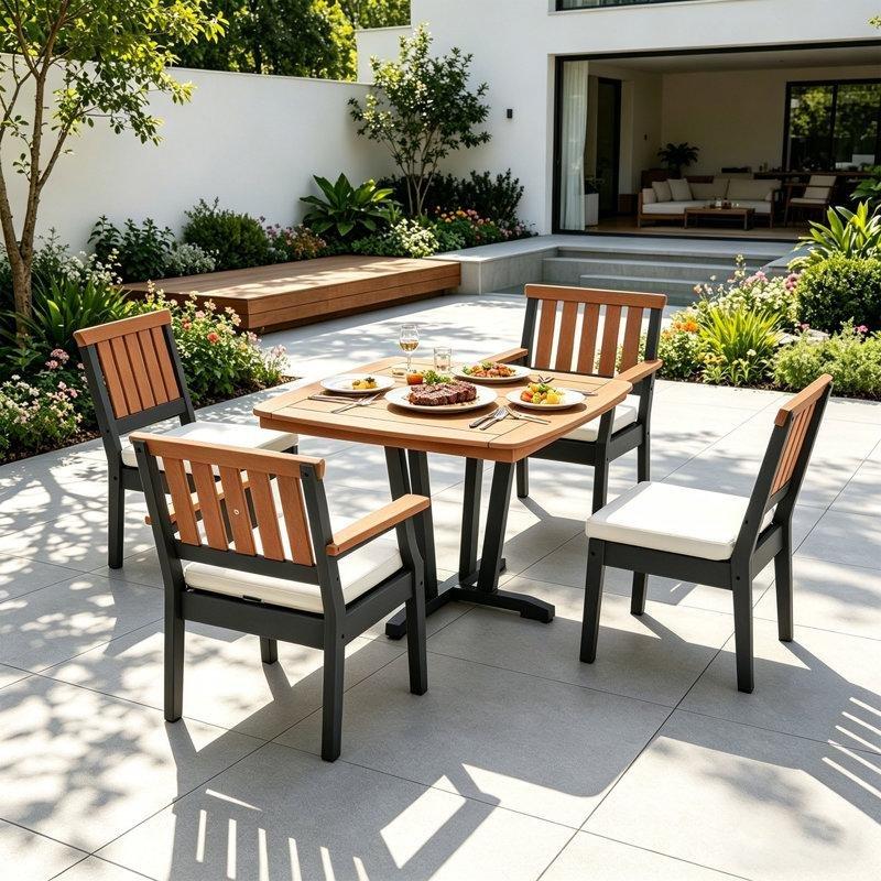 Gri ve Tik Rengi HDPE Minderli 4 Kişilik Kare Bahçe Masa Takımı - 106x106 cm - 215983