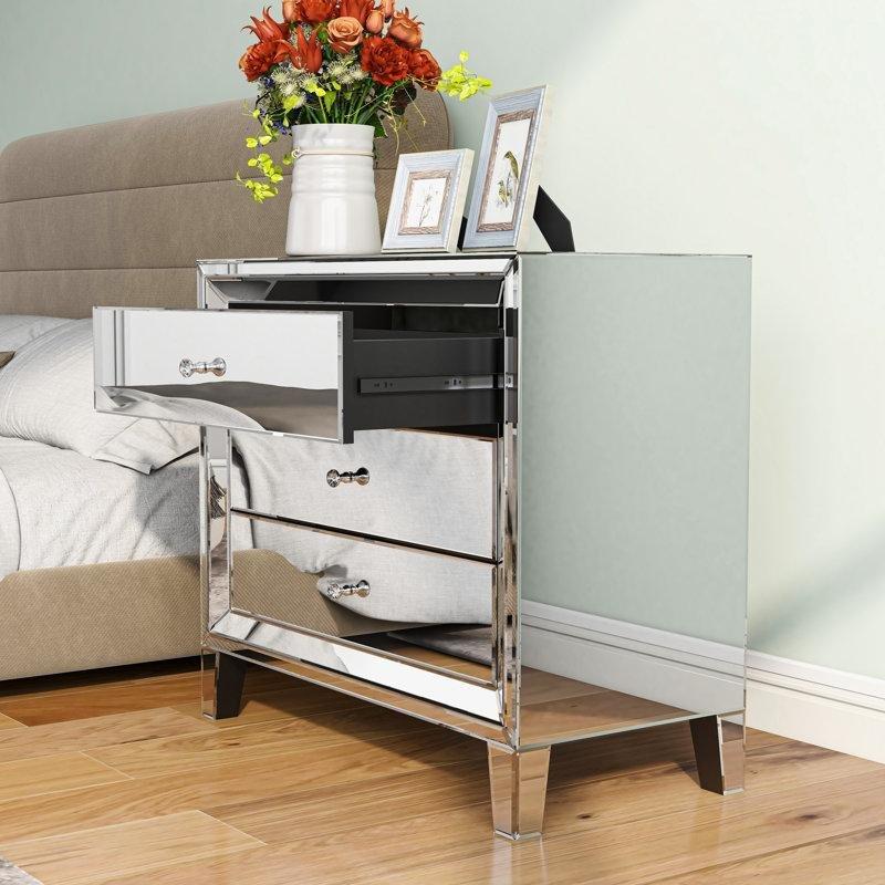 Gümüş Aynalı Üç Çekmeceli İkili Set Komodin - 84 cm - 223476