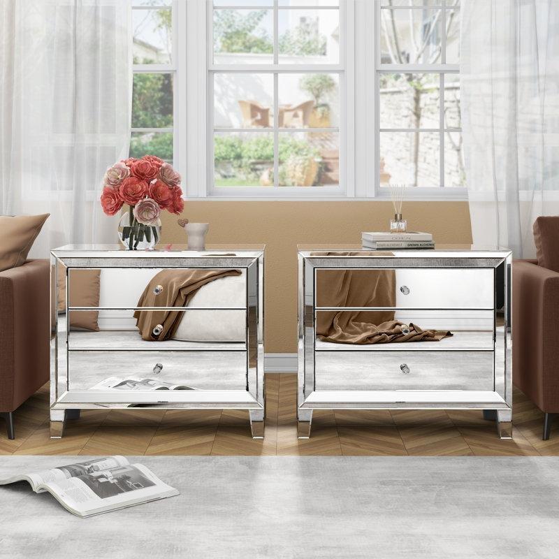 Gümüş Aynalı Üç Çekmeceli İkili Set Komodin - 84 cm - 223476