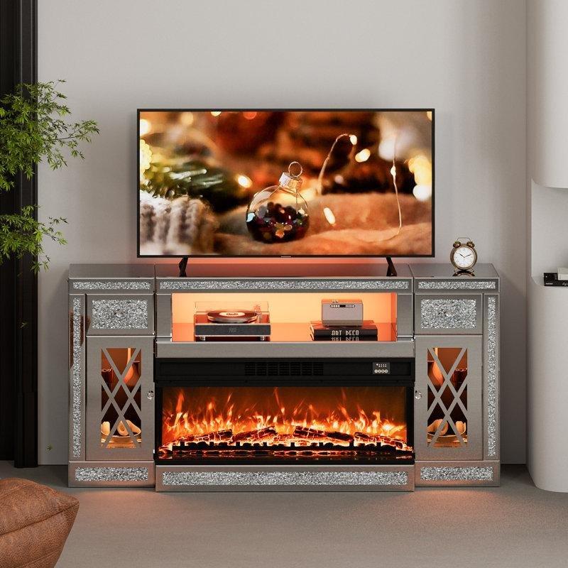 Gümüş MDF Aynalı Kırık Elmas Tasarımlı LED Işıklı Şömineli TV Ünitesi - 161 cm - 220457