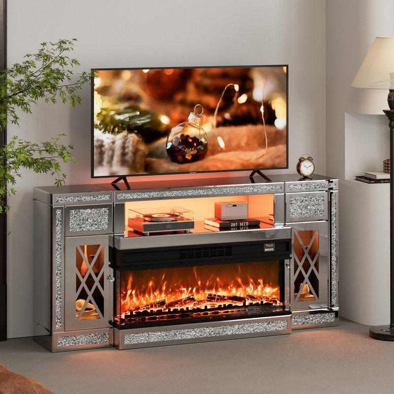 Gümüş MDF Aynalı Kırık Elmas Tasarımlı LED Işıklı Şömineli TV Ünitesi - 161 cm - 220457