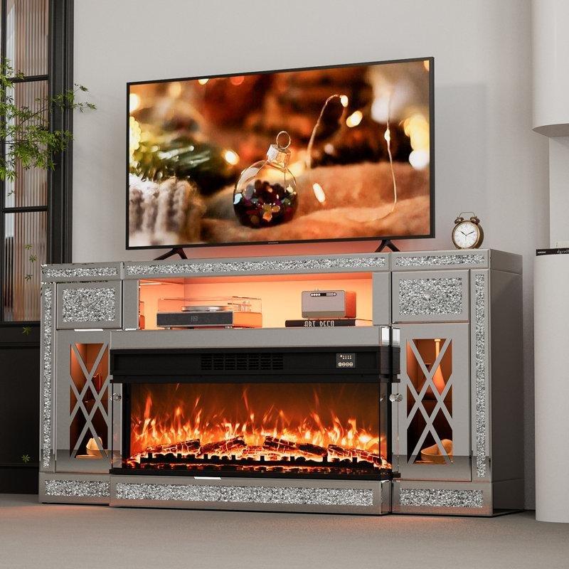 Gümüş MDF Aynalı Kırık Elmas Tasarımlı LED Işıklı Şömineli TV Ünitesi - 161 cm - 220457