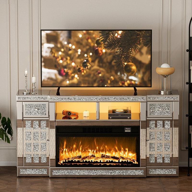 Gümüş MDF Aynalı Kırık Pırlanta Tasarımlı LED Işıklı Şömineli TV Ünitesi - 161x31x81 cm - 220521