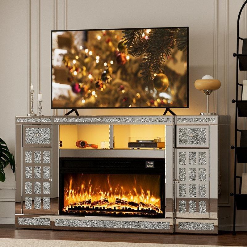 Gümüş MDF Aynalı Kırık Pırlanta Tasarımlı LED Işıklı Şömineli TV Ünitesi - 161x31x81 cm - 220521
