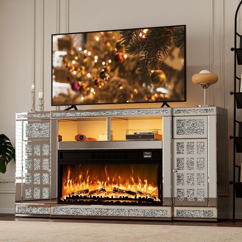 Gümüş MDF Aynalı Kırık Pırlanta Tasarımlı LED Işıklı Şömineli TV Ünitesi - 161x31x81 cm - 220521