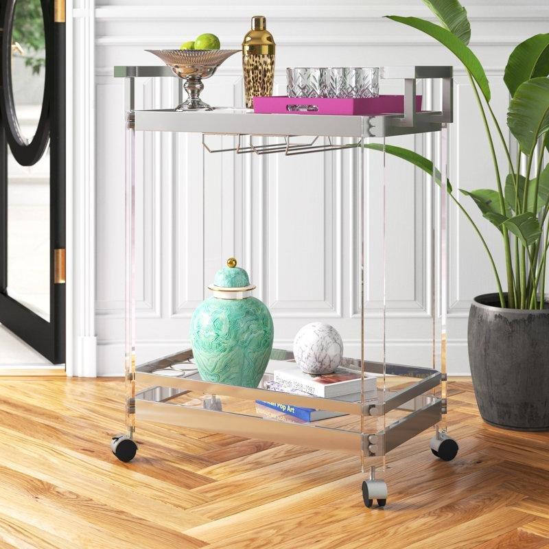 Gümüş Metal ve Cam Tekerlekli Şişe ve Kadeh Raflı Servis Arabası - 74x44 cm - 178364