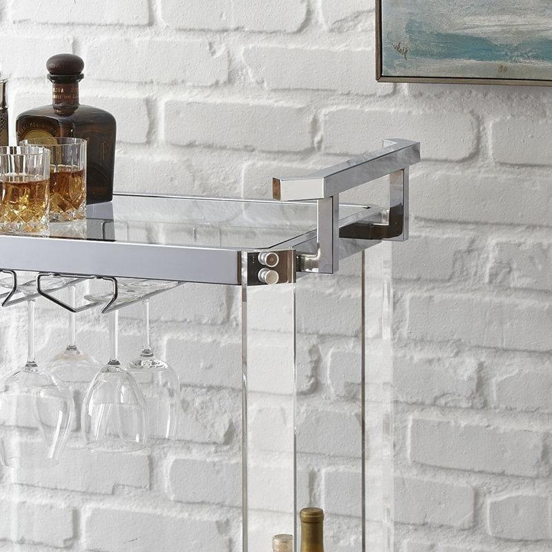 Gümüş Metal ve Cam Tekerlekli Şişe ve Kadeh Raflı Servis Arabası - 74x44 cm - 178364