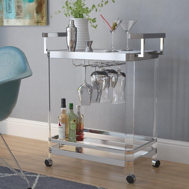 Gümüş Metal ve Cam Tekerlekli Şişe ve Kadeh Raflı Servis Arabası - 74x44 cm - 178364