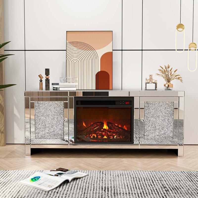 Gümüş Rengi Aynalı MDF Elektrikli Şömineli Tv Ünitesi - 120 cm - 221786