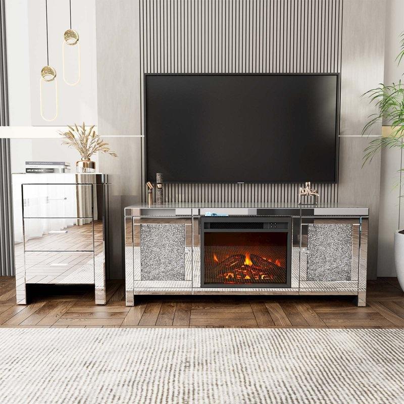 Gümüş Rengi Aynalı MDF Elektrikli Şömineli Tv Ünitesi - 120 cm - 221786