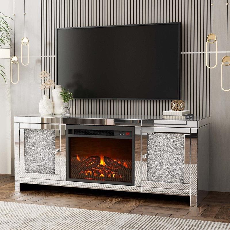 Gümüş Rengi Aynalı MDF Elektrikli Şömineli Tv Ünitesi - 120 cm - 221786