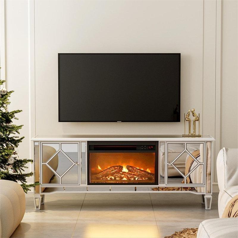 Gümüş Rengi Aynalı Şömineli Ahşap TV Ünitesi - 151 cm - 221919