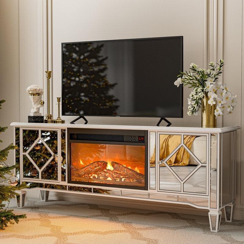 Gümüş Rengi Aynalı Şömineli Ahşap TV Ünitesi - 151 cm - 221919