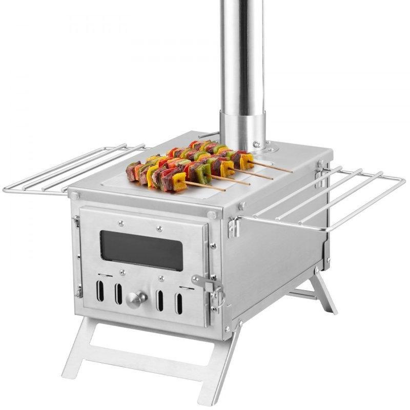 Gümüş Rengi Paslanmaz Çelik Portatif Bacalı Kamp Şömine Sobası - 44x36x28 cm - 188887