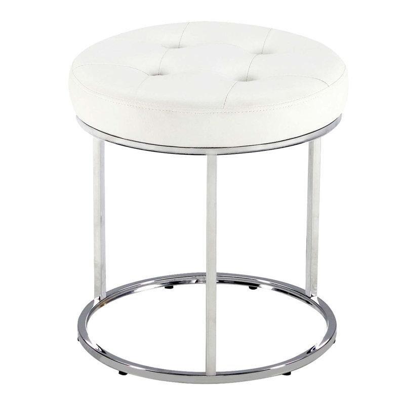 Gümüş Suni Deri Kapitoneli Yuvarlak Metal İskeletli Makyaj Masası Pufu - 45x42 cm - 233090