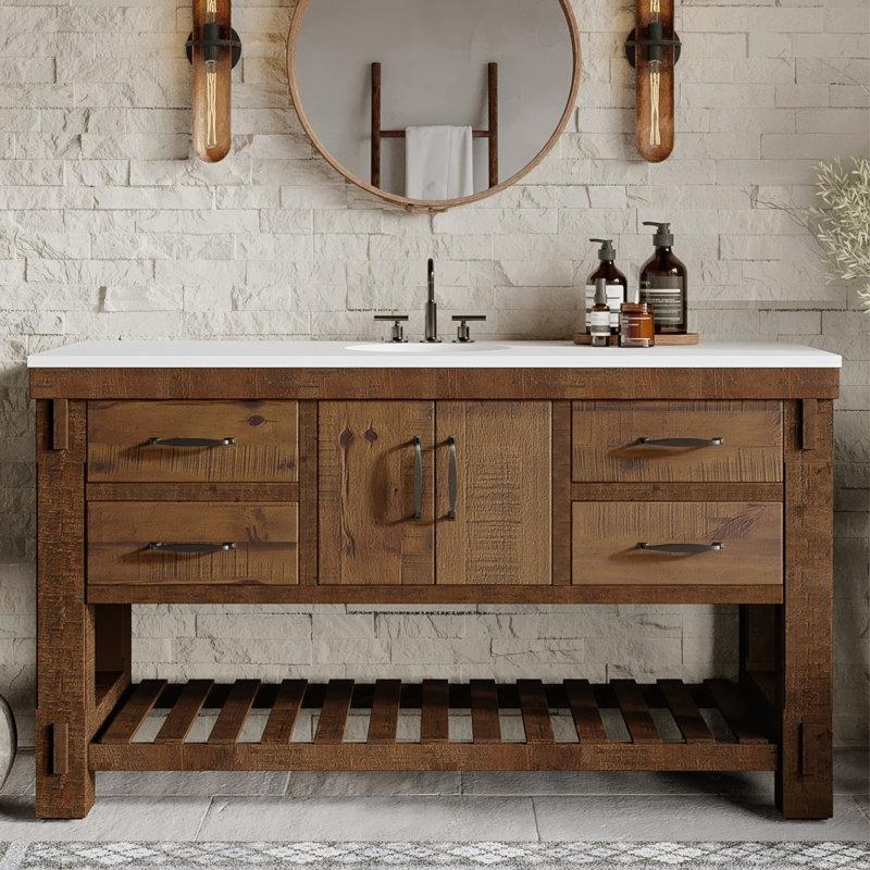 Hacienda Kahverengi Masif Ahşap Kuvars Tezgahlı Yavaş Kapanır Çekmeceli Banyo Lavabo Dolabı - 153 cm - 200437