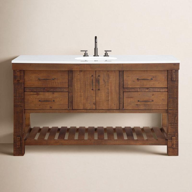 Hacienda Kahverengi Masif Ahşap Kuvars Tezgahlı Yavaş Kapanır Çekmeceli Banyo Lavabo Dolabı - 153 cm - 200437