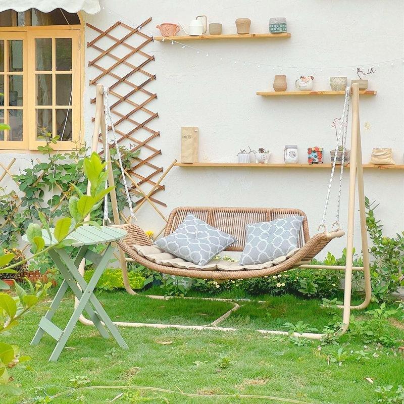 Haki PE Rattan Minderli Çift Kişilik Gölgelikli Balkon Salıncağı - 175099