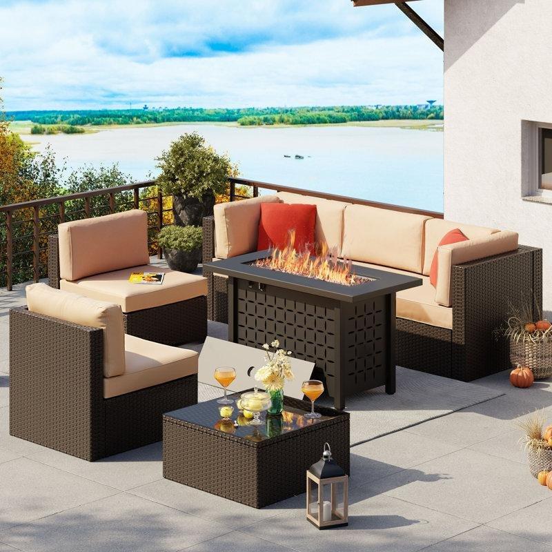 Haki Rattan Ateş Çukurlu Modüler 7 Parça Bahçe Takımı - 209515