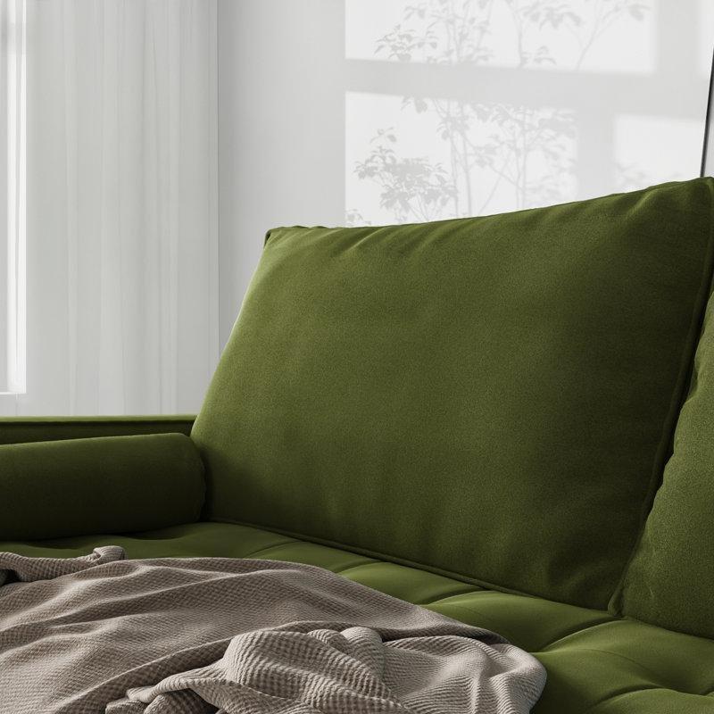 Haki Yeşil Kadife Kapitoneli Masif Ahşap İskeletli Kare Kollu İkili Koltuk - 148 cm - 195967