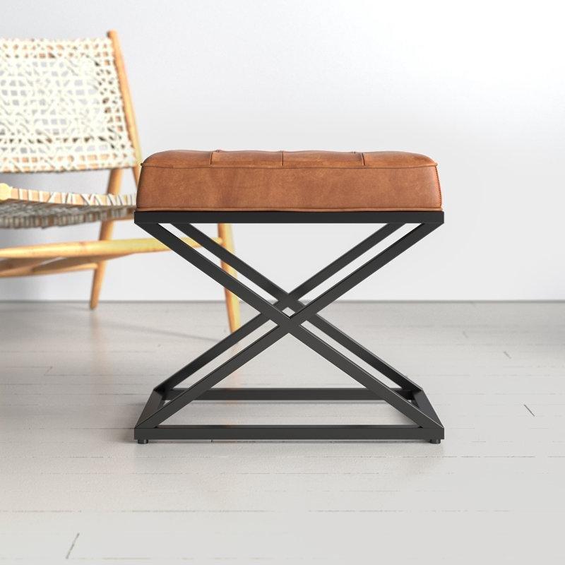 Hakiki Deri Eskitme Tasarımlı Kapitoneli Metal Ayaklı Puf - 51x36 cm - 165274