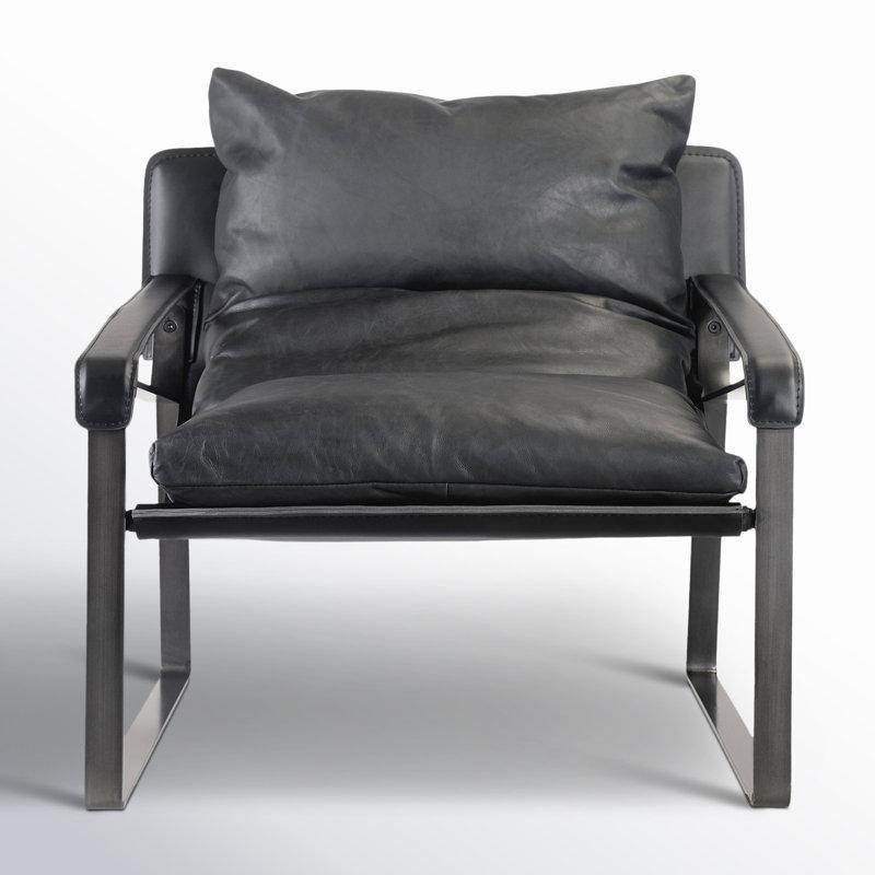 Hakiki Deri Eskitme Tasarımlı Mat Siyah Metal Kızak Ayaklı Tekli Koltuk - 204353