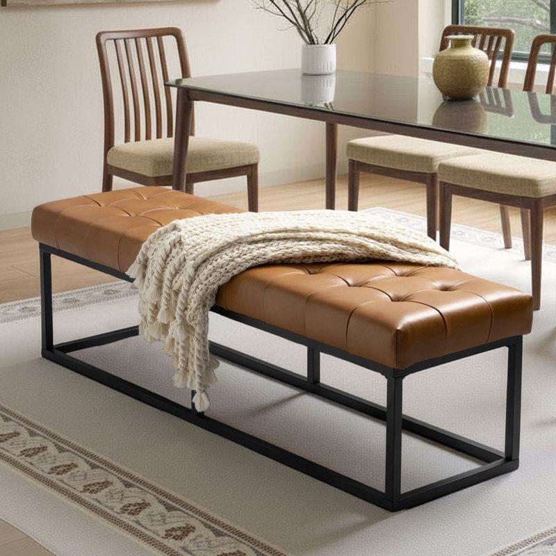 Hakiki Deri Kapitoneli Demir Ayaklı Endüstriyel Tasarım Bench - 153 cm - 164185
