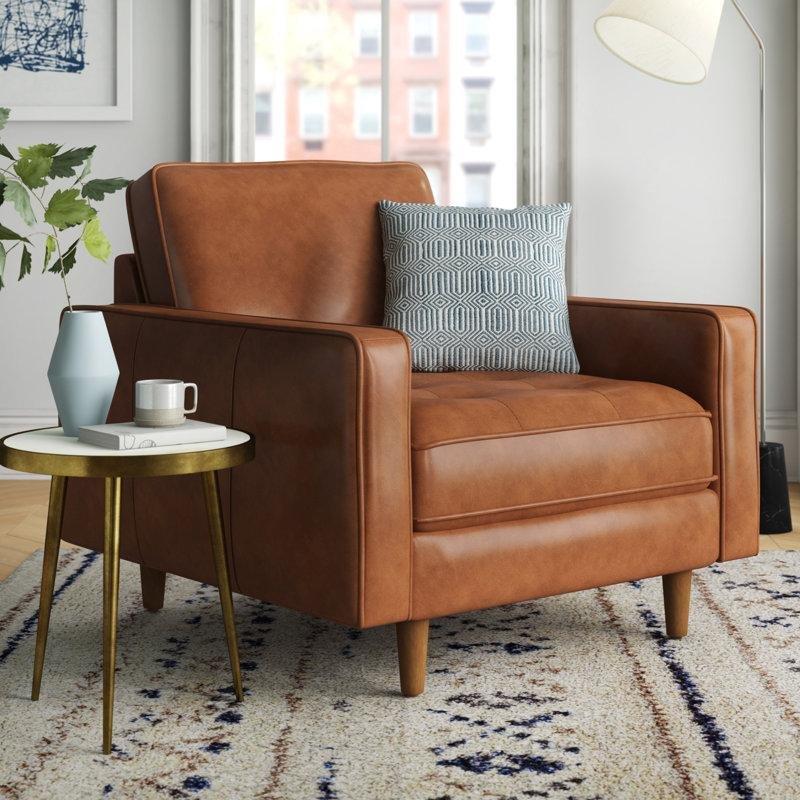 Hakiki Deri Kapitoneli Masif Ahşap Ayaklı Tekli Koltuk - 103 cm - 204803