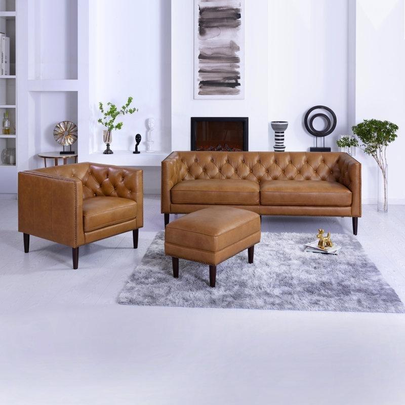 Hakiki Deri Kapitoneli Zımba Detaylı 3 Parçalı Chesterfield Koltuk Takımı - 191280