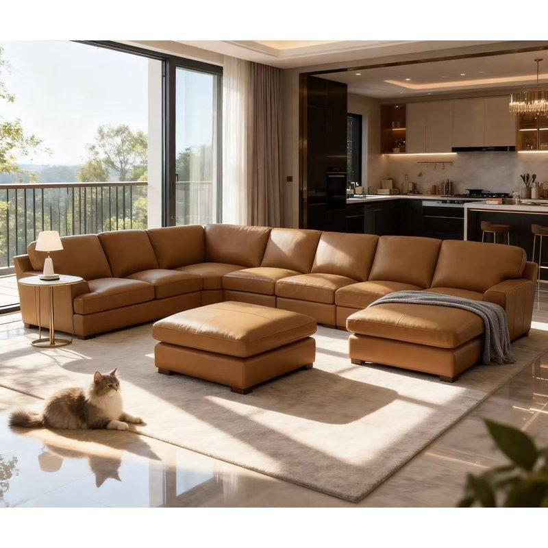 Hakiki Deri Masif Ahşap Ayaklı Modüler Puflu Köşe Koltuk Takımı - 434x291 cm - 193347