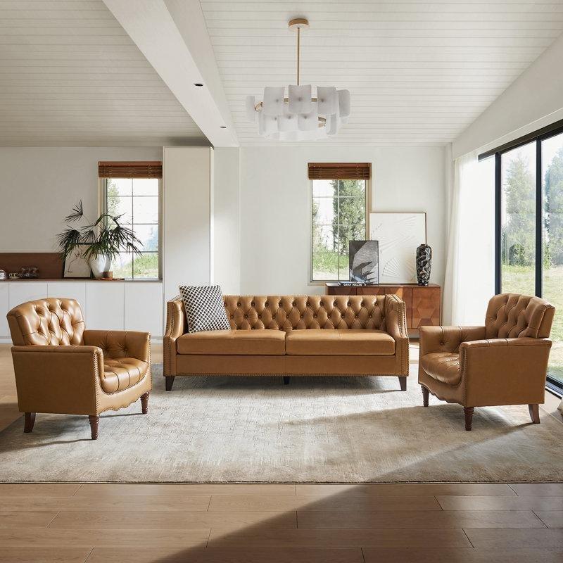 Hakiki Deri Zımba Detaylı Chester Koltuk Takımı - 191110