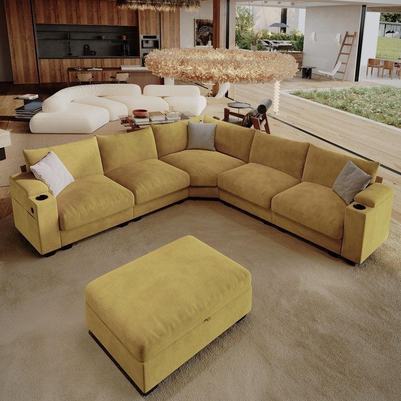 Hardal Sarısı Keten Karışımı Kumaş USB Portlu Saklama Alanlı Modüler Köşe Koltuk Takımı - 272x272 cm - 193789