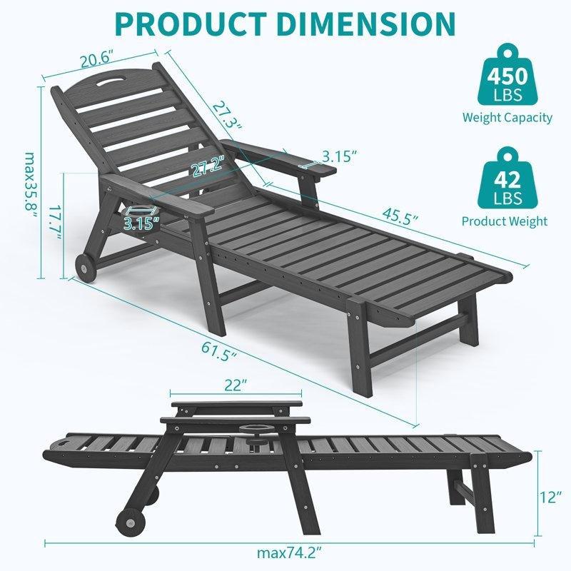 HDPE 5 Kademeli Ayarlanabilir Tekerlekli ve Bardaklıklı Şezlong - 189x70 cm - 171372