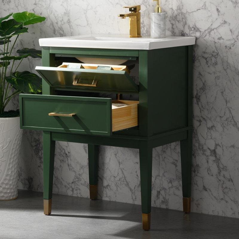 Huş Ağacı Porselen Tezgahlı 2 Çekmeceli Ayaklı Banyo Lavabo Dolabı - 61 cm - 202187