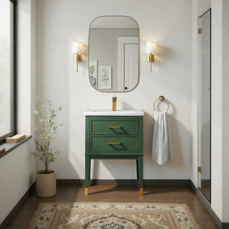 Huş Ağacı Porselen Tezgahlı 2 Çekmeceli Ayaklı Banyo Lavabo Dolabı - 61 cm - 202187