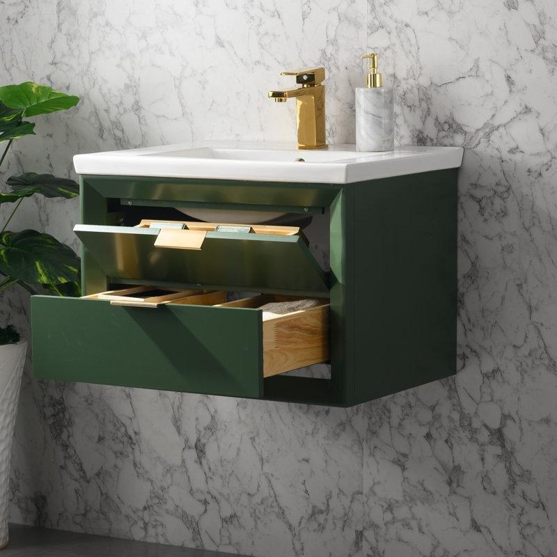 Huş Ağacı Porselen Tezgahlı Duvara Monte Çekmeceli Banyo Lavabo Dolabı - 61 cm - 199834