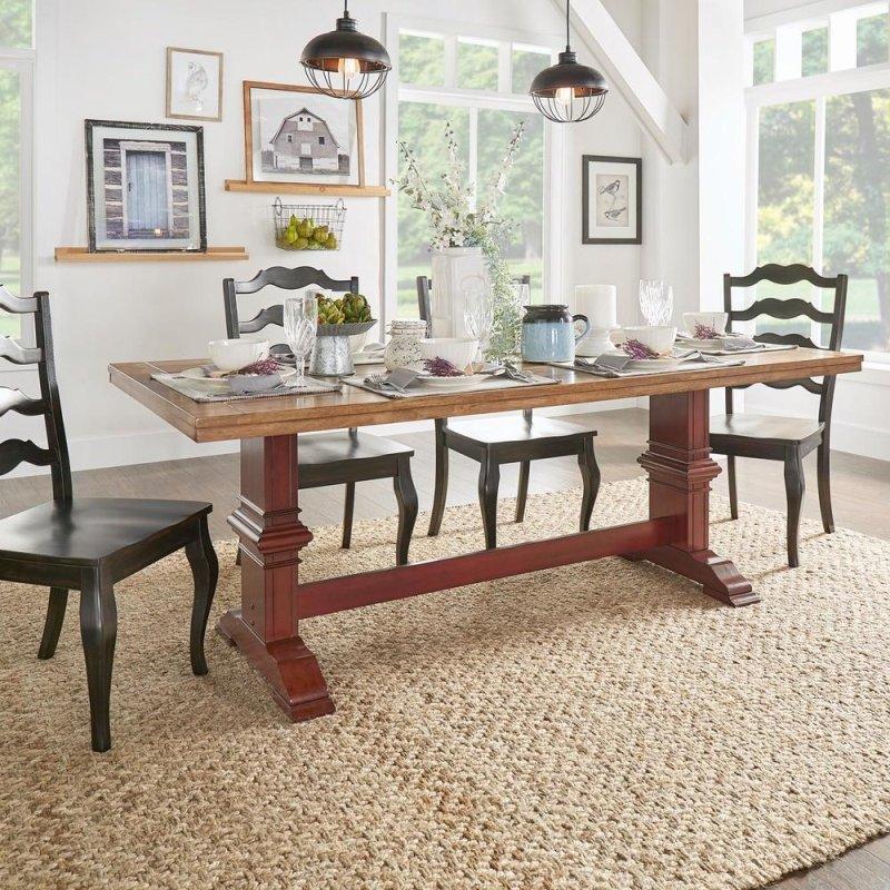 İki Renkli Meşe ve Kauçuk Ağacı Payandalı Eskitme Tasarım Bohem Yemek Masası - 200x101 cm - 238060