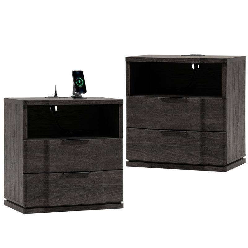 İkili Set Koyu Gri Meşe MDF Kavisli İki Çekmeceli Raflı Dahili Prizli ve USBli Komodin - 56 cm - 224267